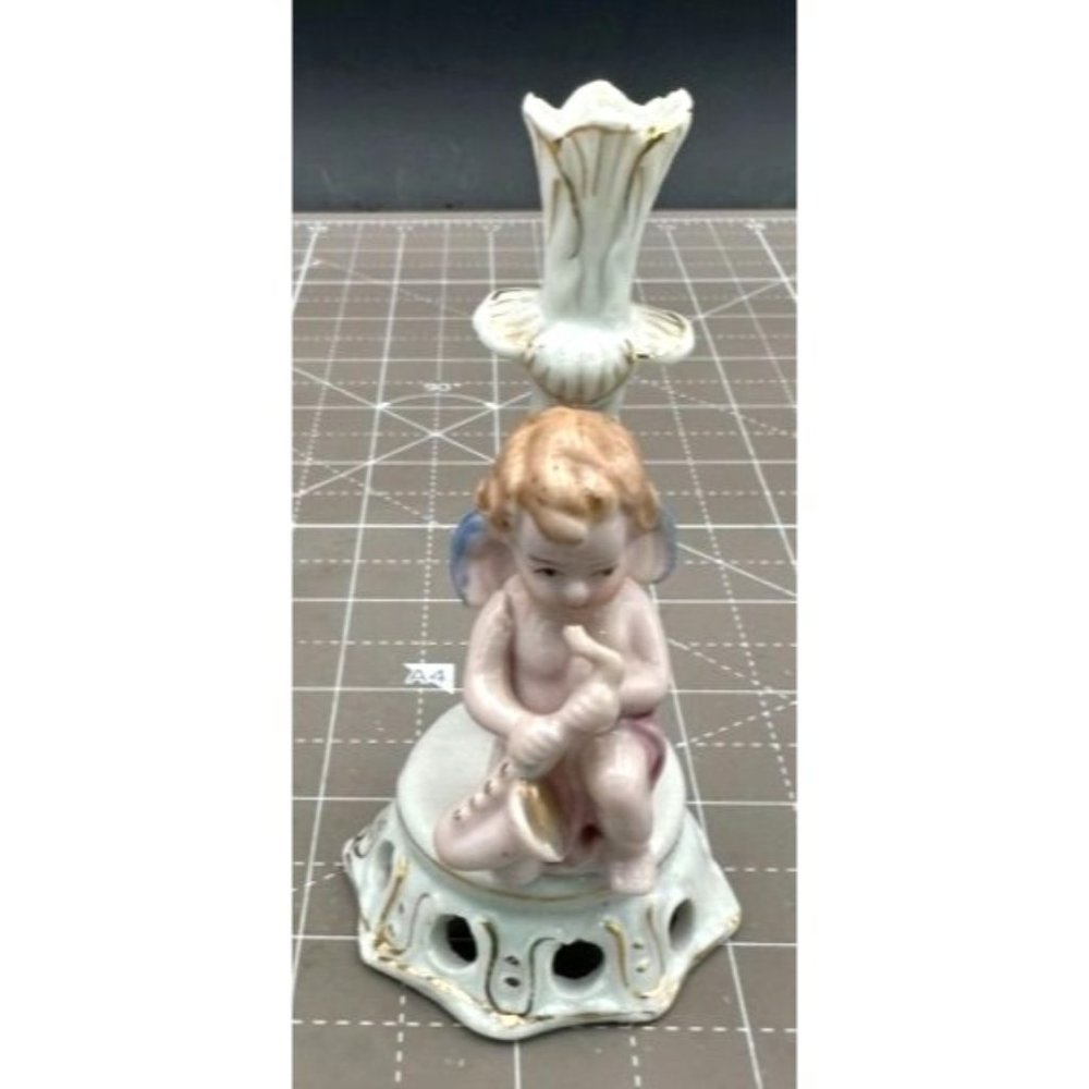 Occupied Japan Miniature Porcelain Cherub Playing Saxophone Bud Vase